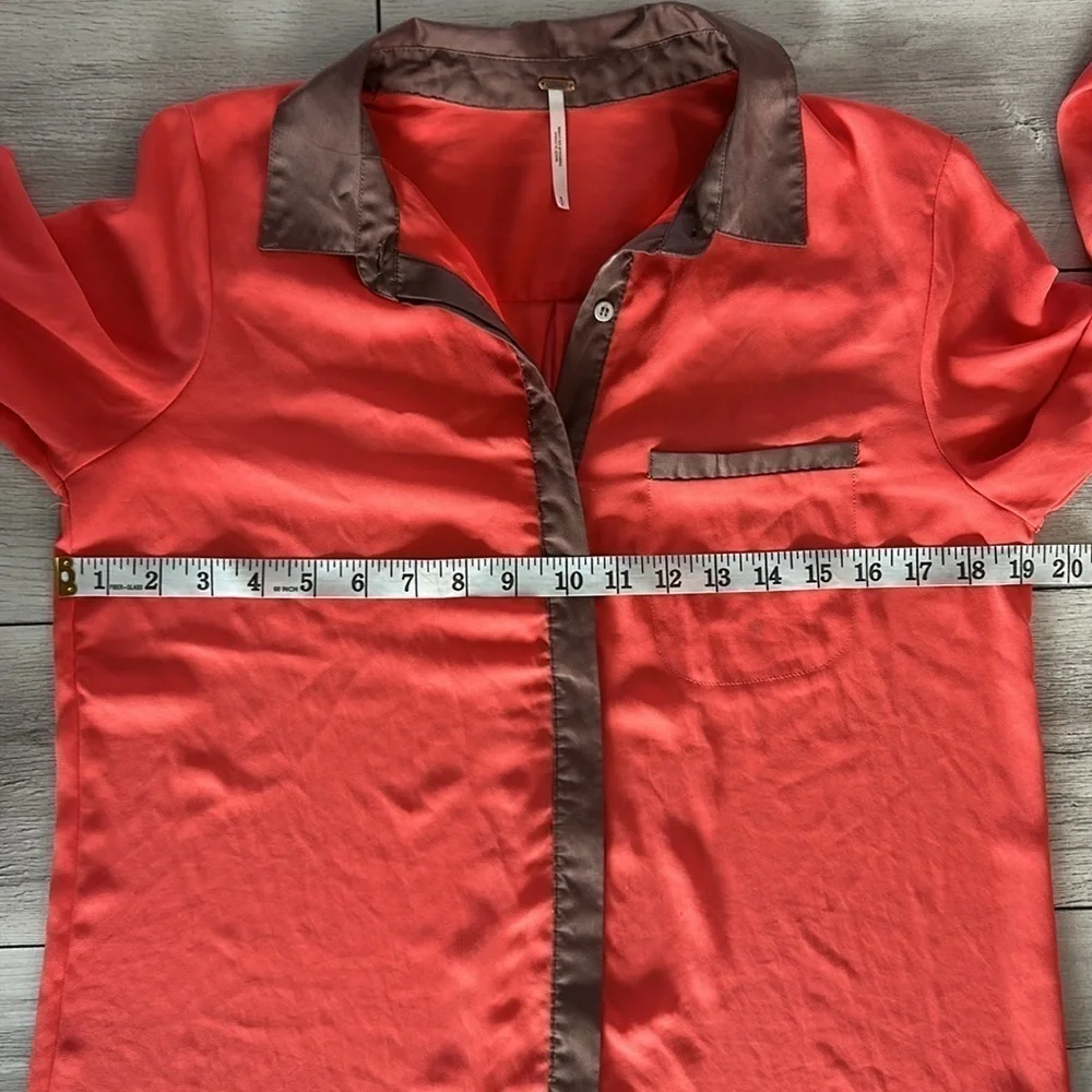 Free People coral brown sheer button up blouse shirt top size small